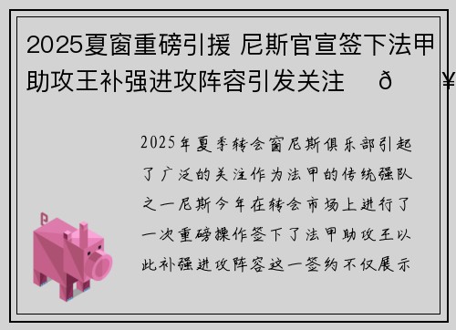 2025夏窗重磅引援 尼斯官宣签下法甲助攻王补强进攻阵容引发关注 ⚽🔥