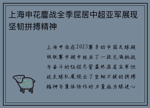 上海申花鏖战全季屈居中超亚军展现坚韧拼搏精神 上海申花鏖战全季屈居中超亚军展现坚韧拼搏精神